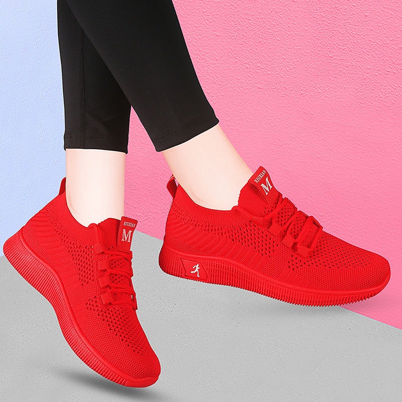 Tênis Desportivo Feminino Vermelho Zoal Ano Primavera Outono Novo Estilo Flying Knit Casual De Corrida