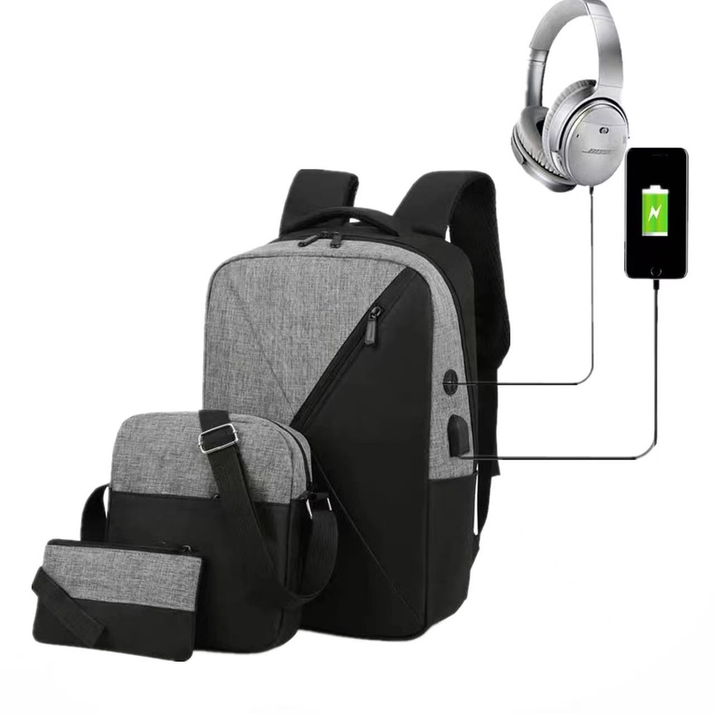 kit 3 Mochila Anti Furto Notebook Saida Cabo Aux Usb Fone Ouvido