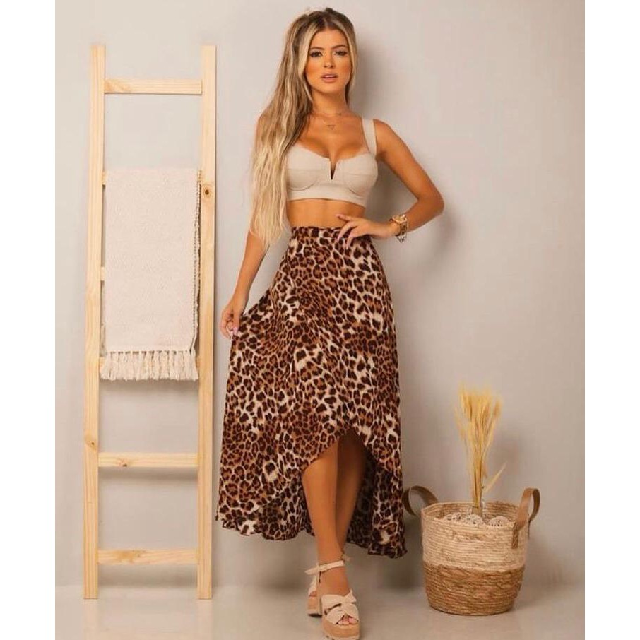 Saia midi best sale transpassada animal print