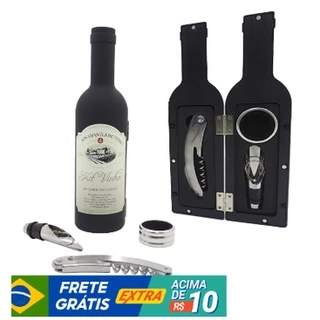 Kit Vinho 4 Peças Abridor Saca Rolha Tampa Anel Garrafa Case