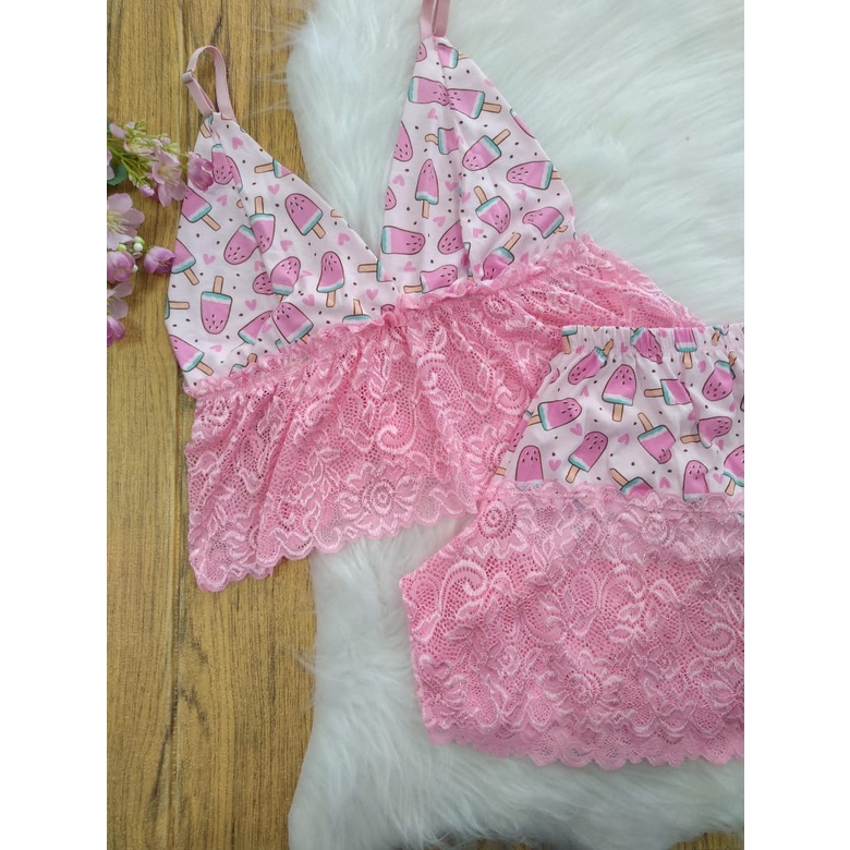 Babydool Pijama Shortdoll Cropped E Short Estampado Algodão Com Renda