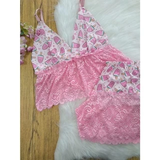 Babydool Pijama Shortdoll Cropped E Short Estampado Algodão Com Renda
