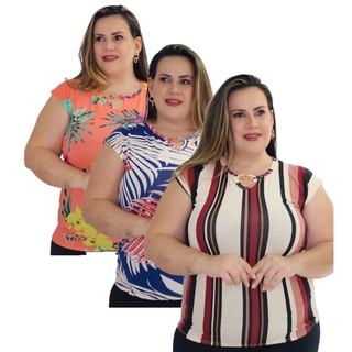 GESMODAS Kit 4 Blusa Blusinha Feminina Plus Size Curve Estampas