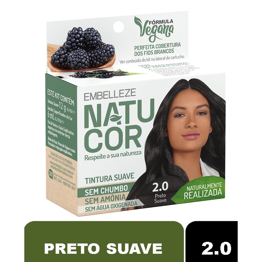 Tinta de cabelo vegana natucor embelleze 12g 2.0 preto suave | Shopee ...