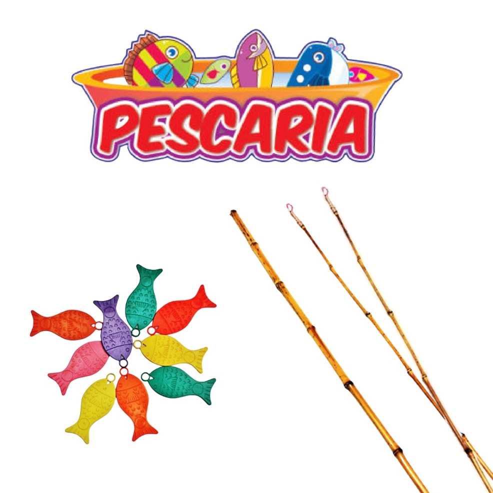 KIT JOGO PESCARIA 3 VARAS + 10 PEIXINHOS + PAINEL PESCA ARRIA CAIPIRA FESTA JUNINA