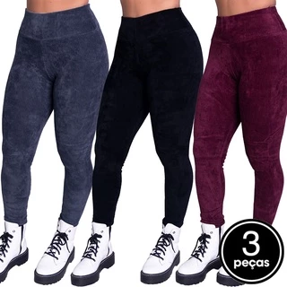 Kit 3 Calça Legging Cós Alto Feminina Veludo Cintura Alta Tecido Grosso Inverno