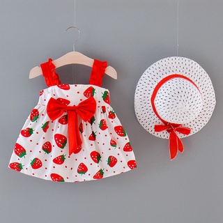 2023 Meninas spot girls Vestem Roupas De Verão Infantis Novas E Bonitas Estampas De Morango Laço Doce Para Enviar Chapéu