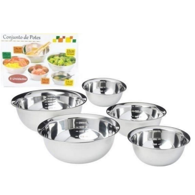 CONJUNTO DE 5 POTES DE INOX COM MEDIDOR Tigela Saladeira Bows Inox 16 ...