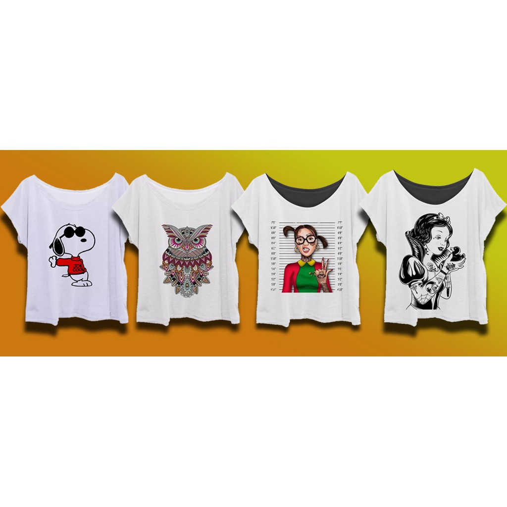 Kit 4 Blusas Femininas Plus Size Estampas Geek Rock Tamanhos Grandes Manga Japonesa Gola Canoa