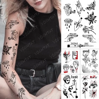 À Prova D 'Água Adesivo Tatuagem Temporária Faca Coração Arma Anjo Old School Flash Tatuagens Aranha Lábios Arte Do Corpo Braço Falso