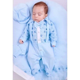 Saída Maternidade Menino Azul Bebê 04 peças Miguel Suspensorio Roupas de Bebê