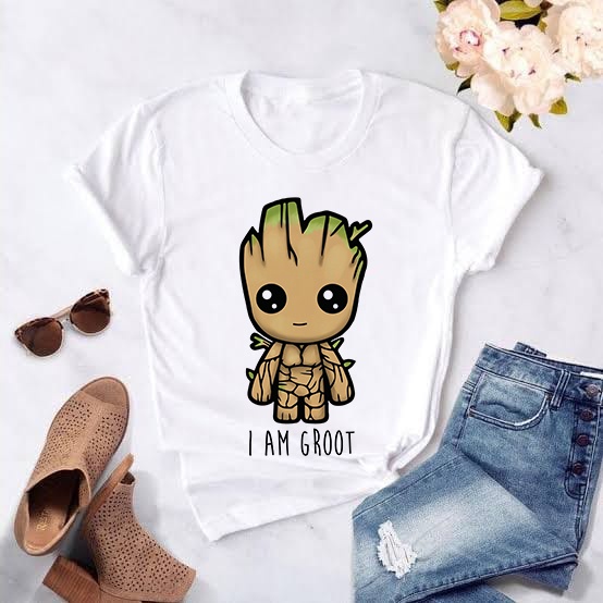 Camisetas Kawaii Baby Groot estampa para senhoras, tops casuais de Tumblr  Branco, eu sou Groot, adolescentes