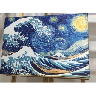 Quadro tela acetinada releitura Noite estrelada e grande onda de kanagawa obras de artes famosas