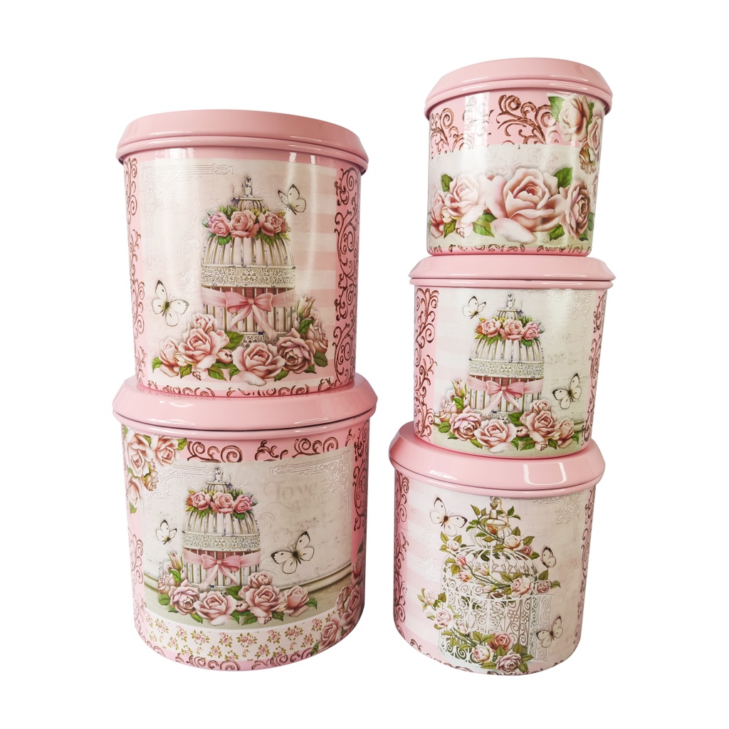 Jogo de Latas Para Mantimentos Em Alumínio Decorado Flores Rosa Com 5 ...