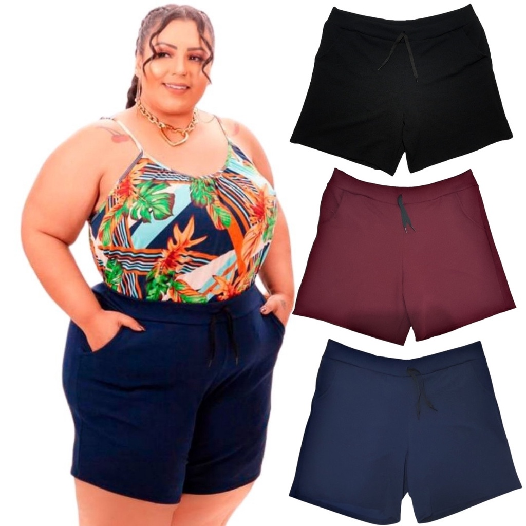 3 Shorts Plus Size Feminino Crepe liso estampado Malha Estica Verão Moda  Grande Short Maior Bermuda GG G1 G2 G3