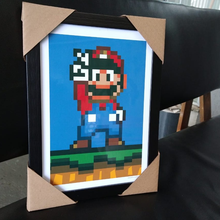 Quadro decorativo com moldura e vidro Super Mario World Nintendo gamer pôster geek