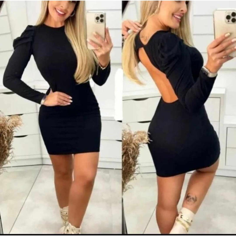 Vestido preto costas de sales fora