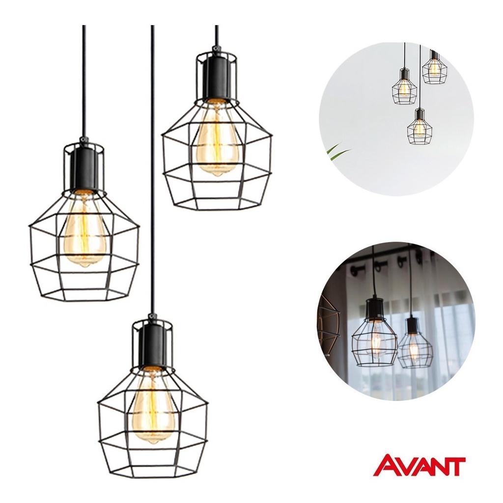 Kit 3 Pendente Lustre Aramado Adhara Led Retro Preto Avant