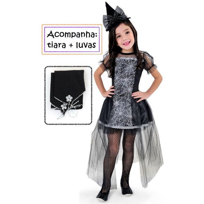 Fantasia Halloween Infantil Menina Bruxinha de Luxo Com Tiara e