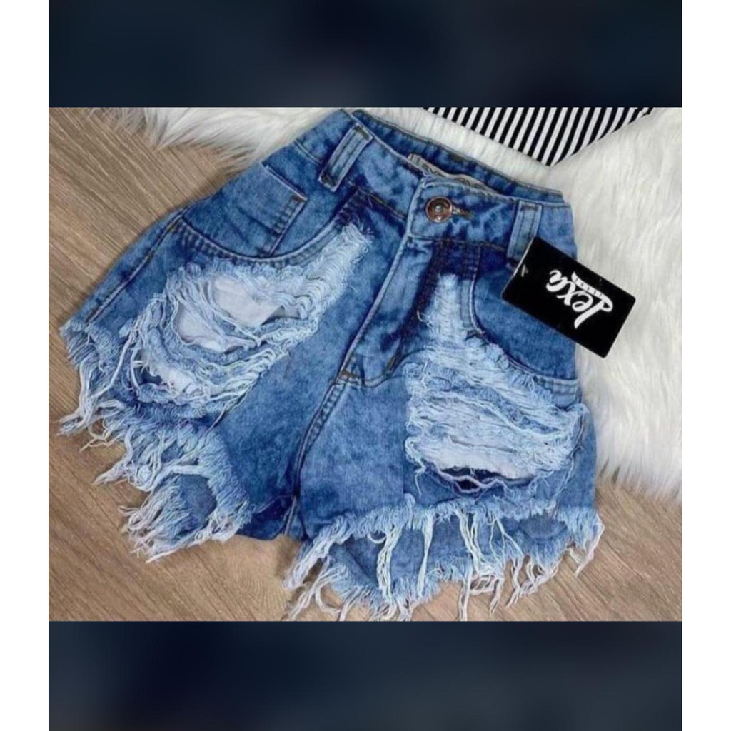 Short Jeans Feminino Desfiado Cintura Alta Lindo Rasgado C37 Cor:Azul  Claro;Tamanho:P