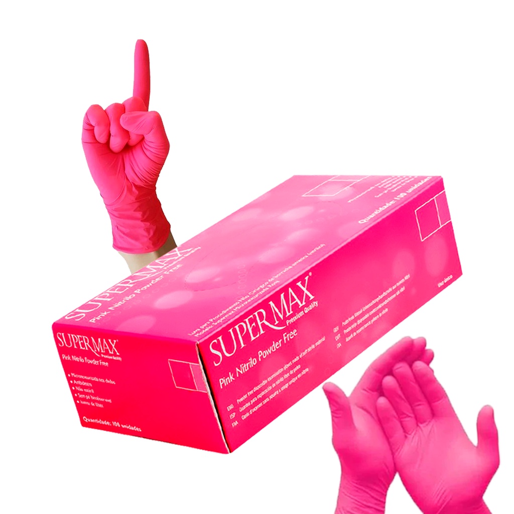 Luva Procedimento Nitrílica Pink (s/ Pó) - Cx. C/ 100 UN. - SUPERMAX - ANVISA