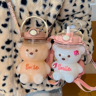 Garrafa de Água com canudo 1000ml urso Garrafa Portátil infantil com Alça