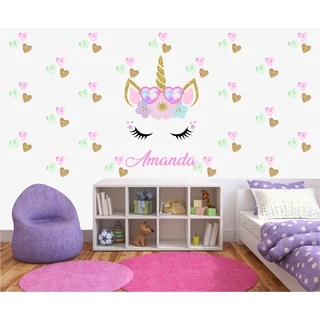 Adesivo Decorativo Parede Rosto Unicornio Glitter 70 cm + 110 Corações Nome Óculos