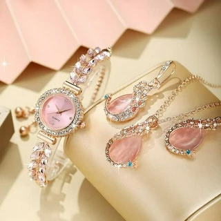 Versão Coreana College Ladies Trendy Ladies All-Match Gypsophila Bracelet Watch Quartz Watch+3 Peças Conjunto de Jóias Peacock