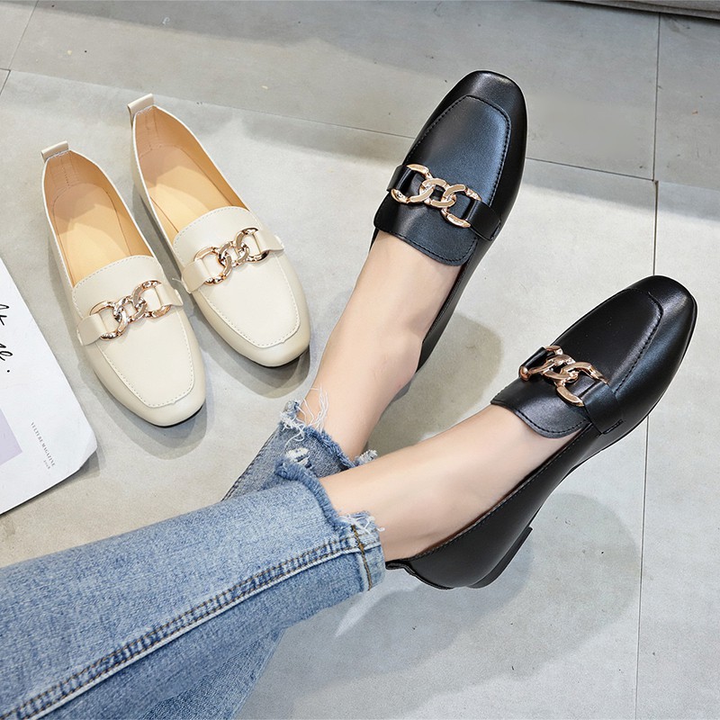Sapatos Femininos Coreanos Em Mocassins Preto Bege Plano De Borracha ...