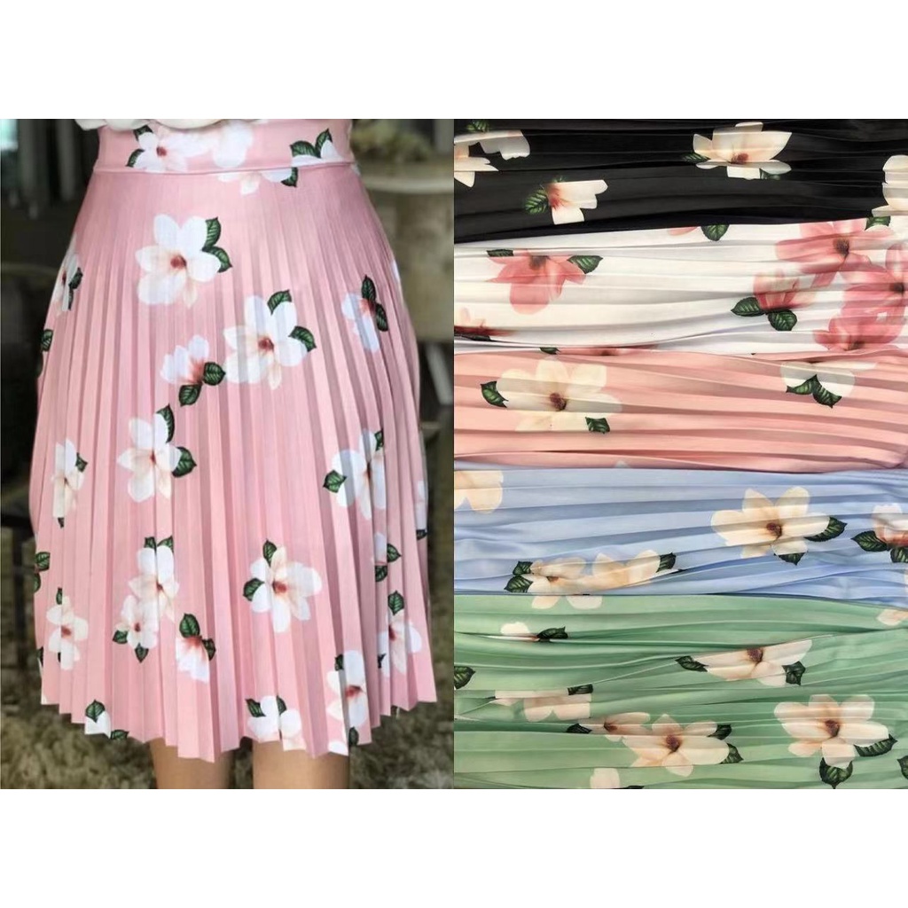 Saia Plissada Midi Elegante Cintura Alta FIor-096