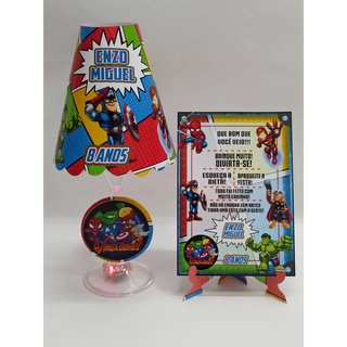 COMBO: 5 Abajures taça c/ LED + 5 Plaquinhas de agradecimento Vingadores baby