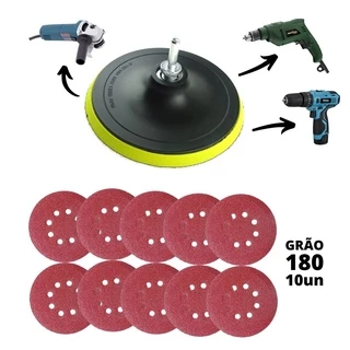 Base de Lixa 125mm com Adapatador Furadeira + 10 Lixas Grão 180 Ferro e Madeira Lixadeira