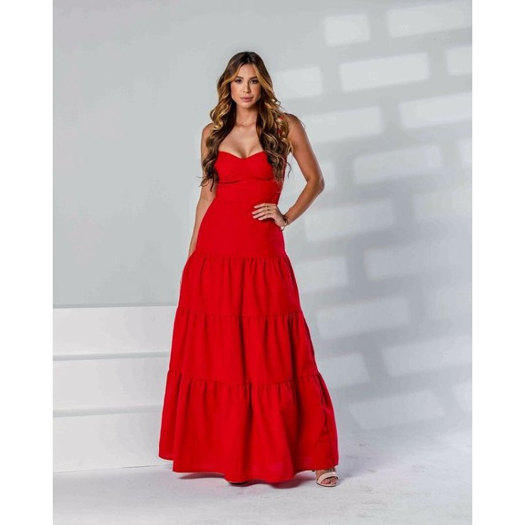 Vestido Vermelho Feminino Longo Elegante Luxo