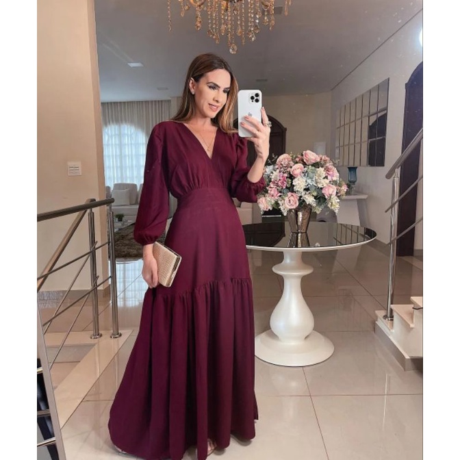 Manga Bufante Vestido Longo Listrado Manga Longa Vestido Longo