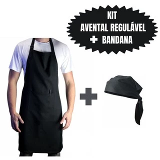 KIT BANDANA COM AVENTAL Oxford com Regulável Altura Com Bolso Liso Uniforme Chef Cozinha Restaurante Evento Churrasco Preto touca
