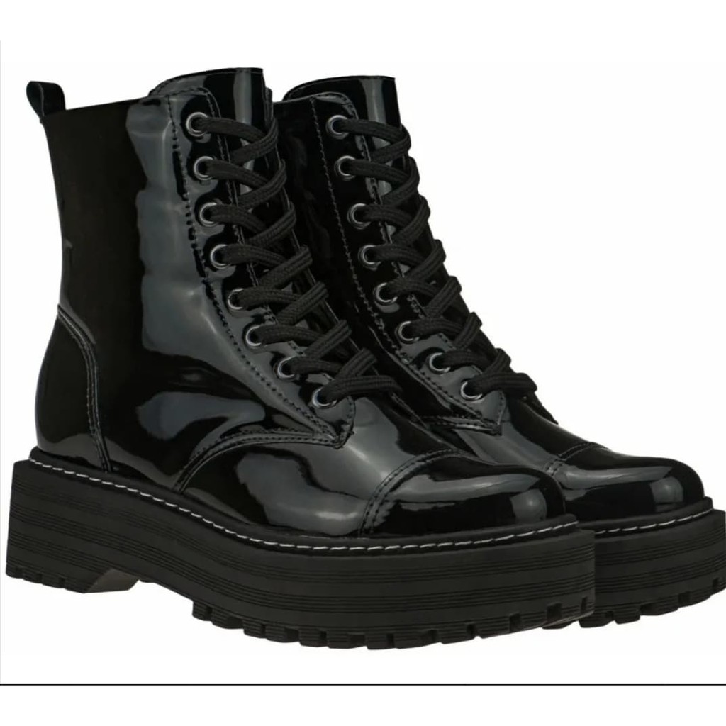 Bota Coturno Cano Alto Feminina Bloqueira Luxo Verniz.