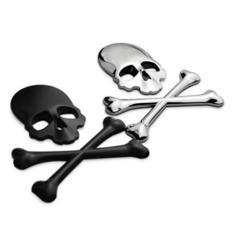 2 Pack Metal Skull And Crossbones Emblem Decal - 2.2" Aluminum, Black & Silver