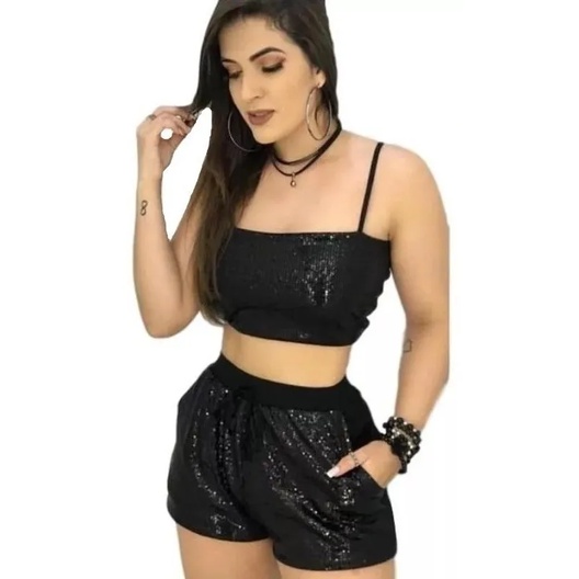 Cropped Alcinha Top e Short Conjunto Feminino Com Bolso