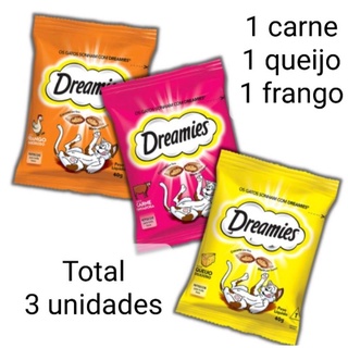 kit 3 unid petisco para gatos Dreamies: 1 carne, 1 frango e 1 queijo 40 gr cada