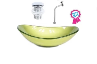 CUBA DE VIDRO OVAL 47CM VERDE OLIVA + VÁLVULA CLICK + TORNEIRA DE METAL