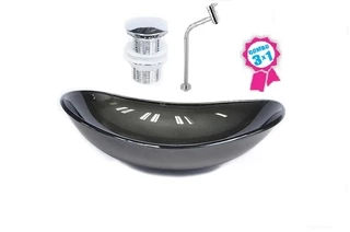 CUBA DE VIDRO OVAL 47CM GRAFITE + VÁLVULA CLICK + TORNEIRA DE METAL
