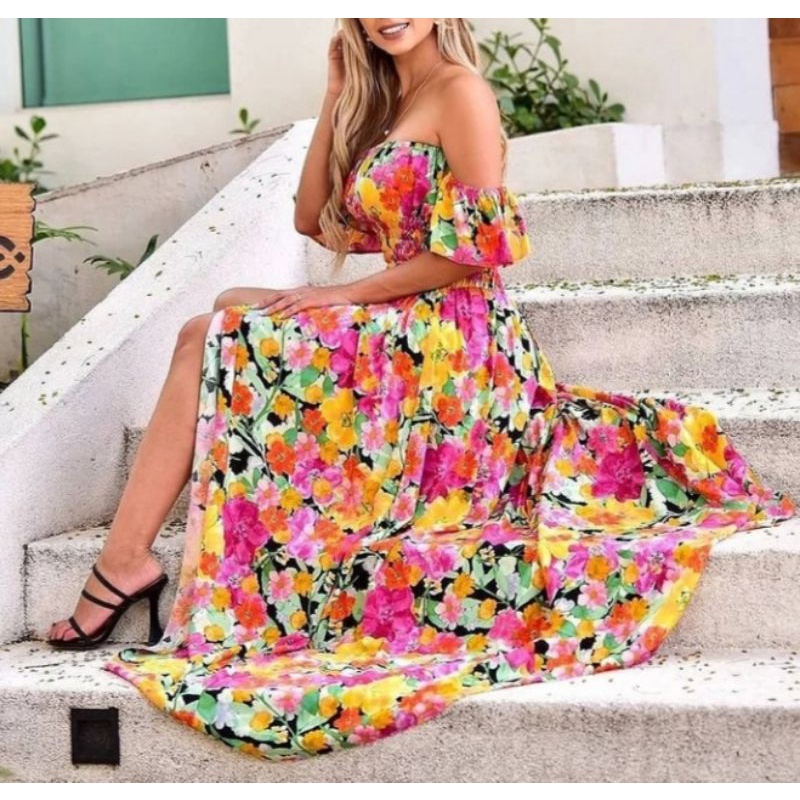 Vestido longo florido com cheap fenda ombro a ombro