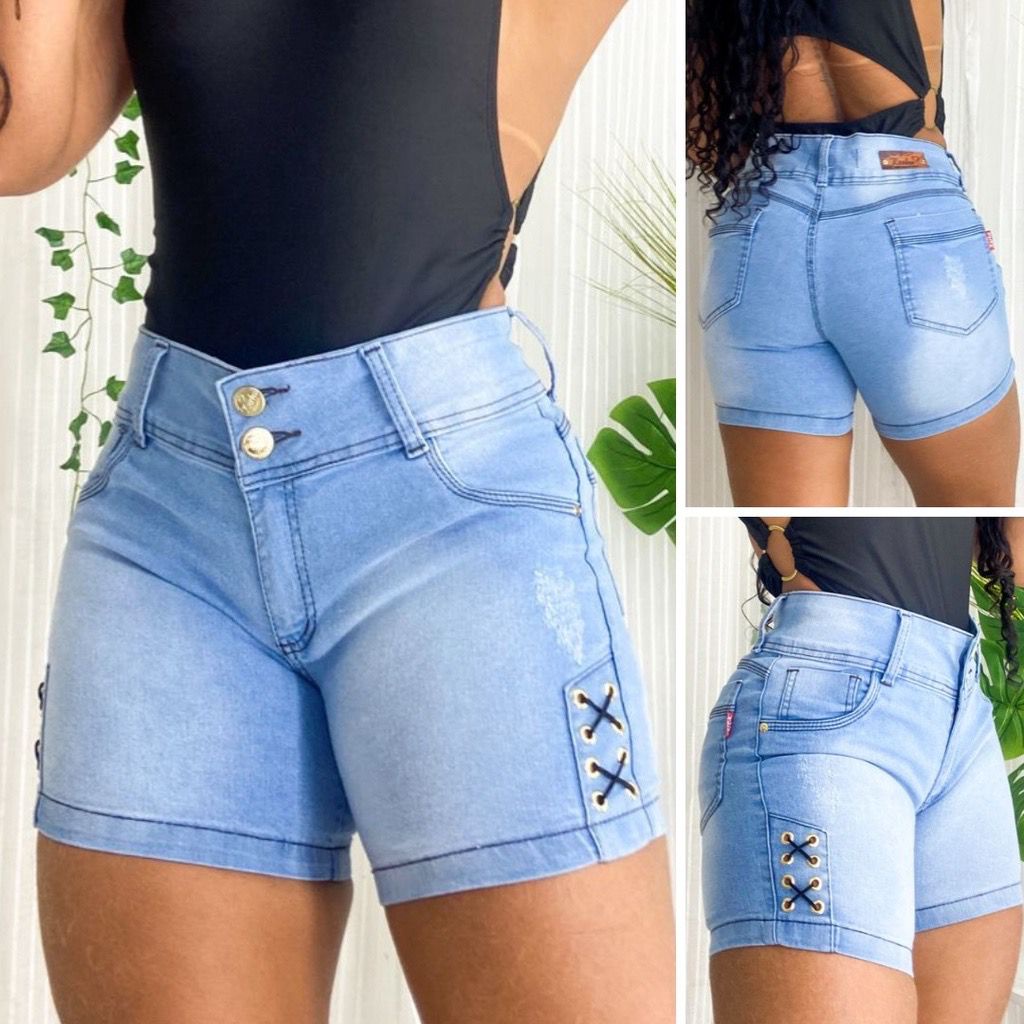 Short Jeans Curto Ilhós na Cintura Barra Desfiada