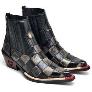 Bota Texana Masculina Country Botina Bico Fino Couro Xadrez Palha e Preto 3006 Cano Curto