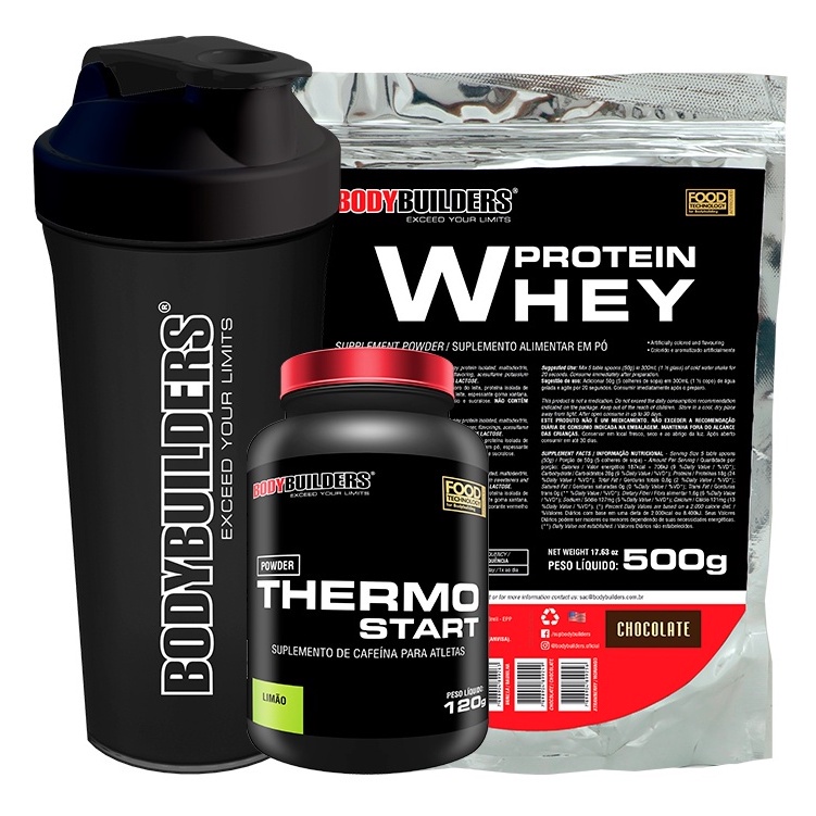 Kit Whey Protein Concentrado em Blend Proteico 500g + Termogenico Thermo Start Powder 120g Sabor Limão + Coqueteleira – Bodybuilders