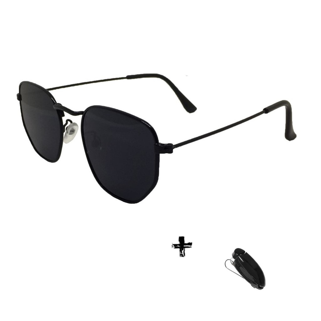 Kit Óculos De Sol Hexagonal Volpz Preto Unissex Original Volpz Proteção  UV400 + Suporte De Oculos Para Veiculo Porta Oculos Carro Para Quebra Sol