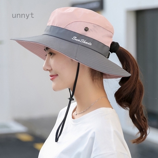 Muryobao Women Ponytail Summer Sun Hat Wide Brim UV Hats Floppy Bucket Cap for Safari Beach Fishing Gardening Pure Pink