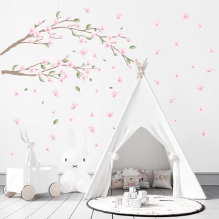 Adesivo de Parede Galhos de Cerejeira com flores folhas e borboletas efeito aquarela decoração infantil quarto de menina delicado moderno sakura