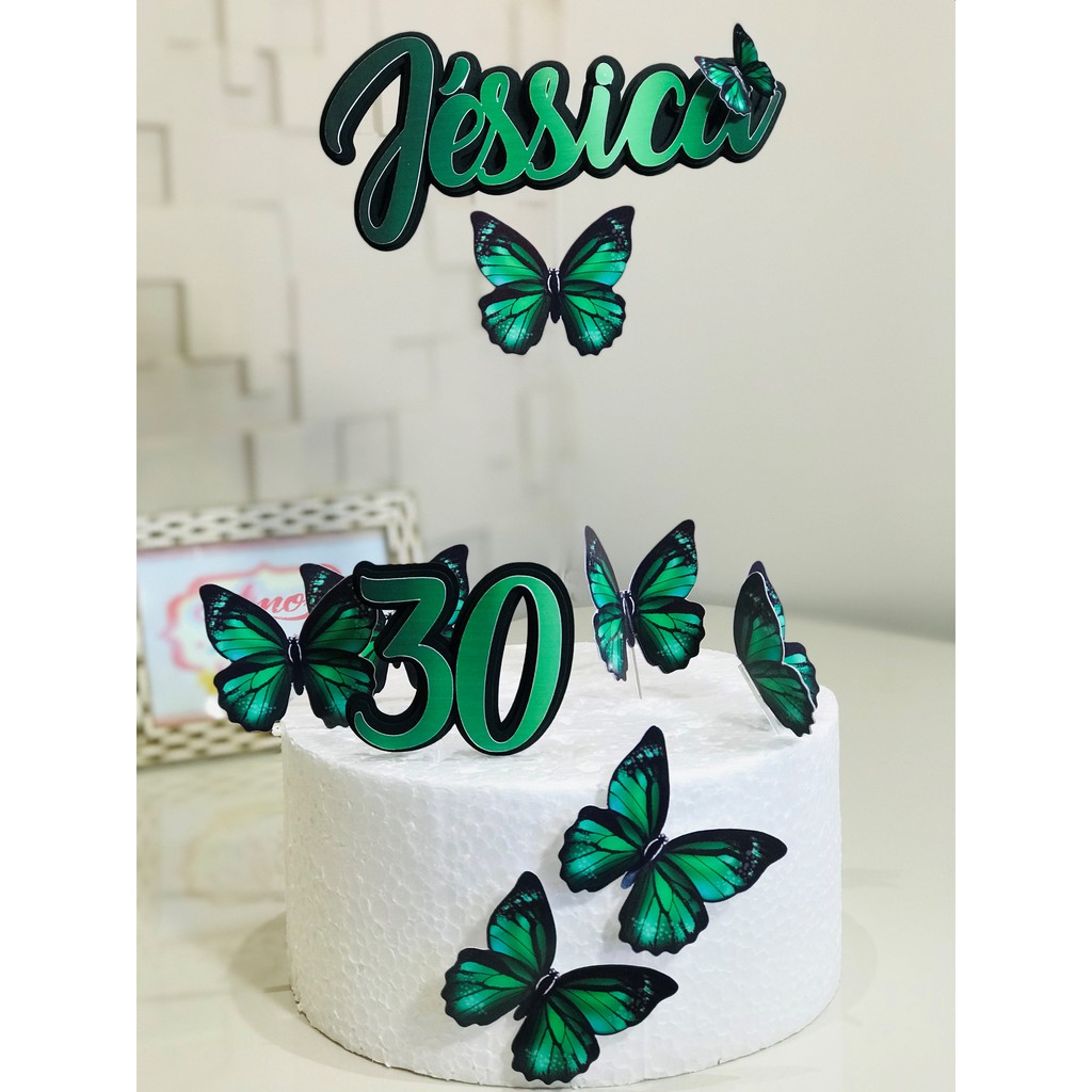 Topo de bolo borboletas +nome e idade em camadas