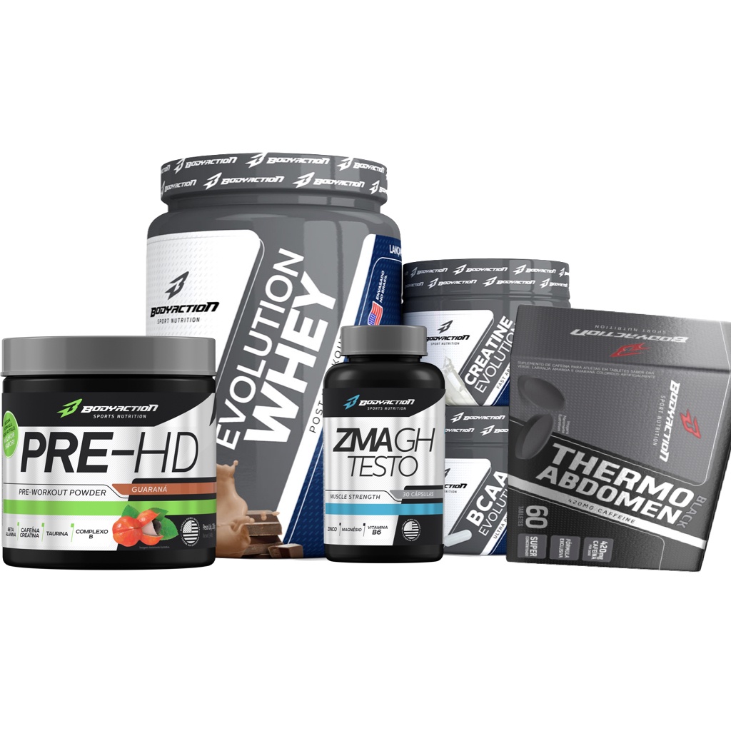 Kit Whey Creatina Bcaa + Pre Treino Hd + Thermo Abdomen + Zma Bodyaction